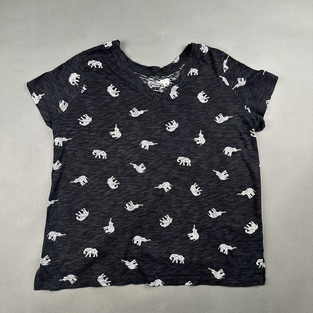 Mudd Roadtrip Black Tee Shirt Women's Size Large Elephants Short Sleeve Top
